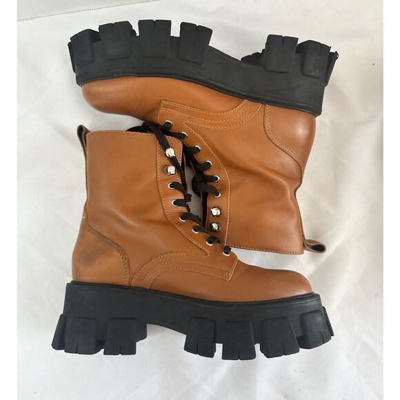 Marc Fisher LTD Happy Leather Boots Lace up Combat Tan Size 5.5 - Picture 6 of 11